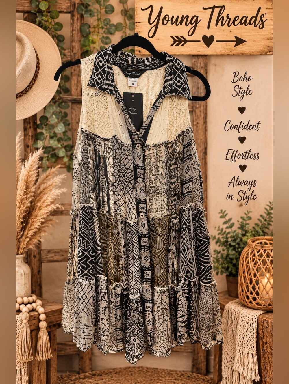 Boho Patchwork Sleeveless Tunic - Black & Cream